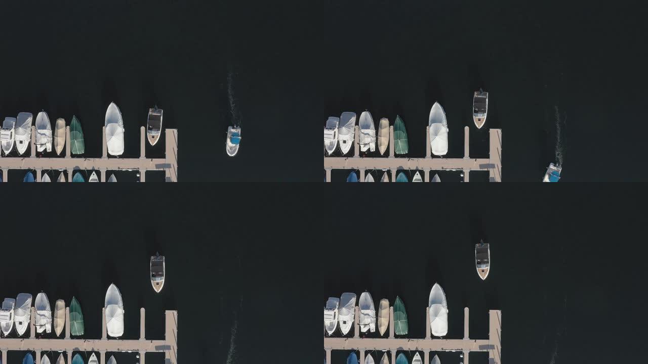 空中无人机拍摄了一艘停在码头的小船