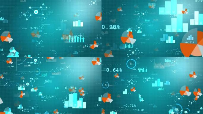 4k商业数据背景股市显示饼图、数字和图表