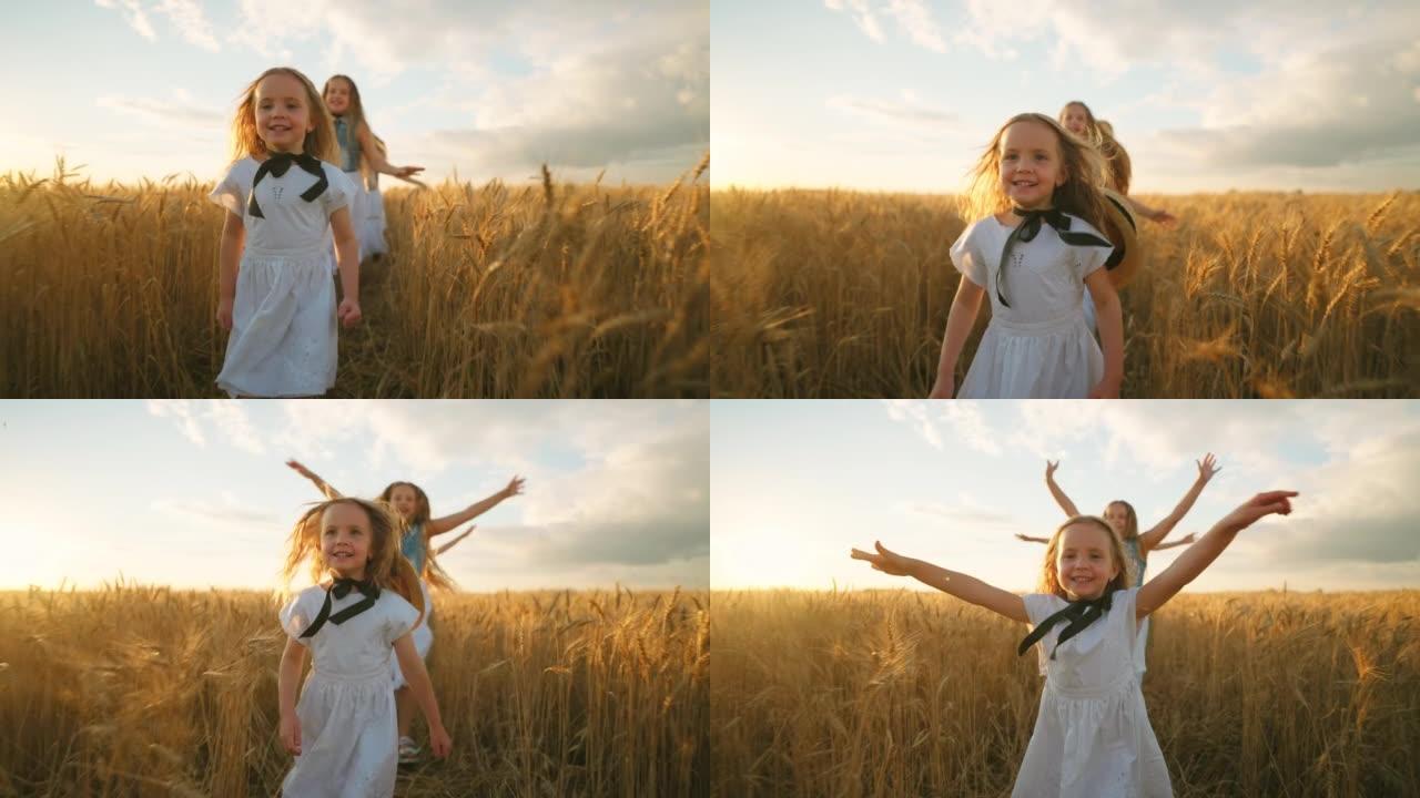 三个小姐妹在金色的麦田上奔跑，享受快乐，快乐和快乐的孩子们