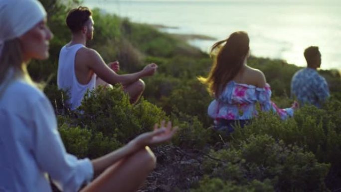 各种各样的朋友坐在绿草如茵的悬崖上，黄昏时以莲花的姿势冥想
