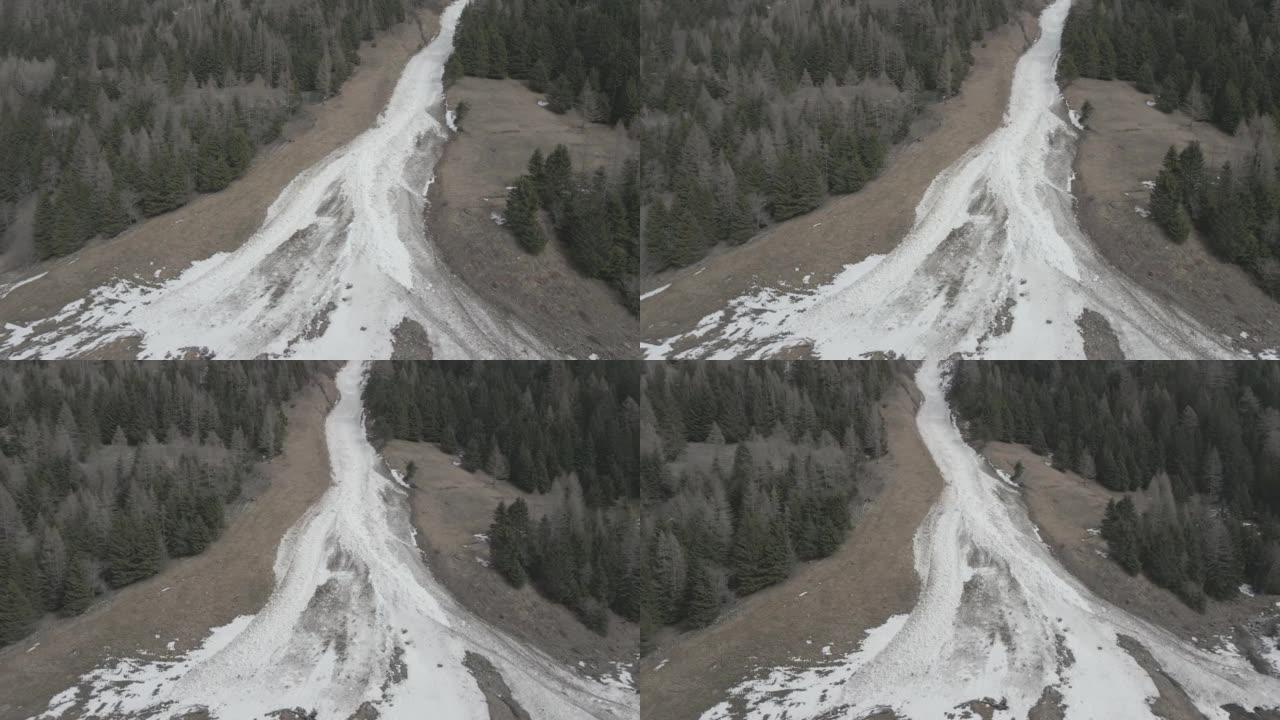 空中无人机拍摄了山区雪崩的后果