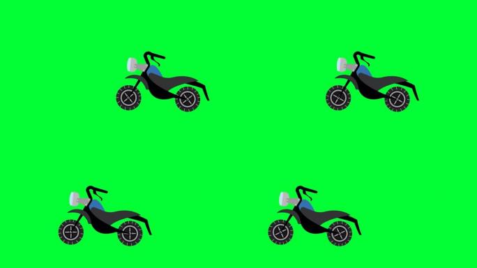 越野车在绿屏上行驶。卡通空摩托车和女孩踏板车。骑卡通玩具滑车。快递摩托车。