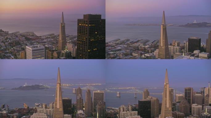 空中旧金山市中心和旧金山湾在傍晚的背景