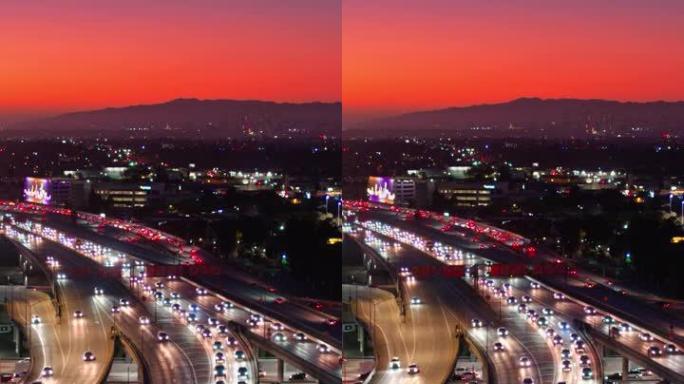 加利福尼亚州洛杉矶10号州际公路和110号高速公路上的交通黄昏-静态无人机拍摄