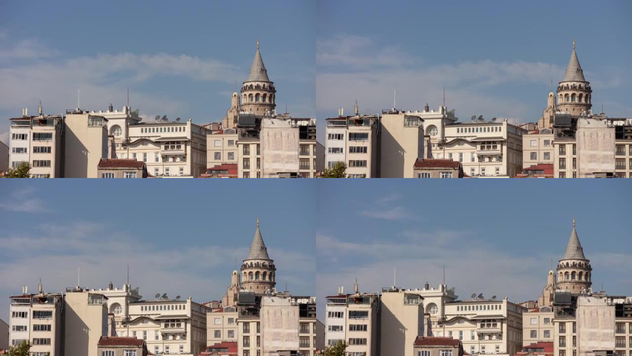 阳光灿烂的一天伊斯坦布尔市中心著名的塔楼顶部全景4k延时土耳其