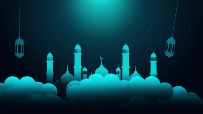 动画悬挂金色灯笼和星星黑色蓝色的伊斯兰背景。