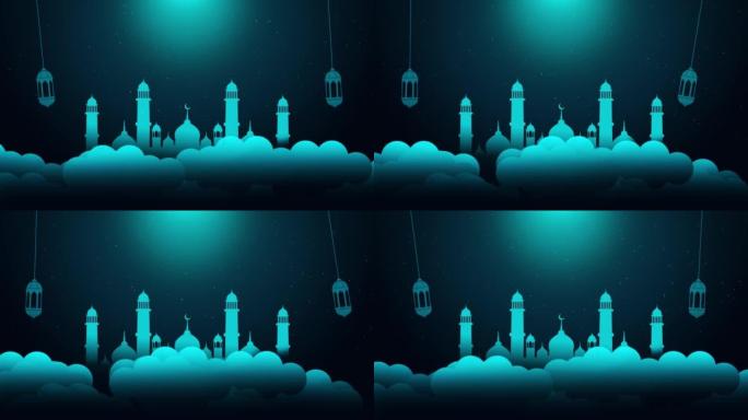 动画悬挂金色灯笼和星星黑色蓝色的伊斯兰背景。