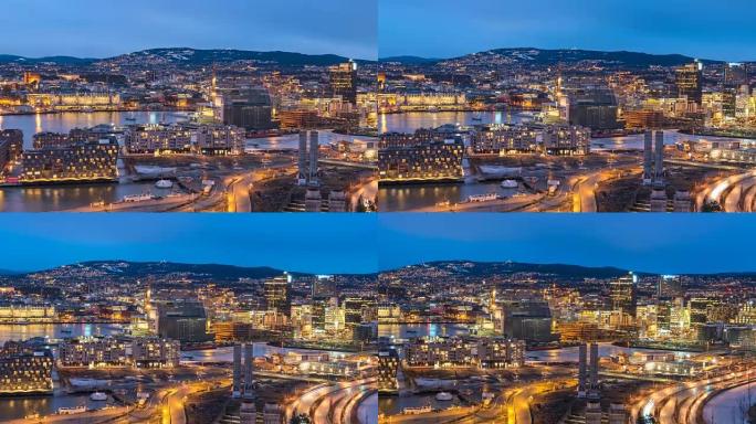 奥斯陆挪威延时4K，鸟瞰图城市天际线昼夜日落延时在商业区和Bercode项目