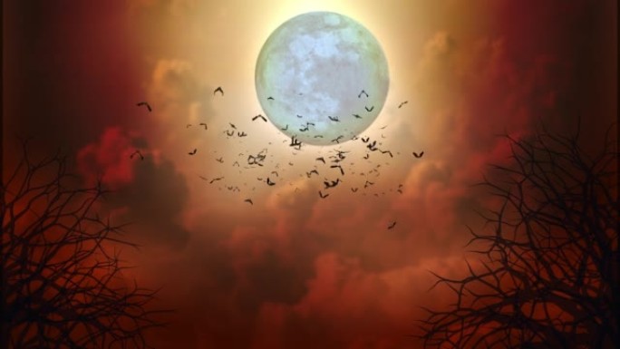 4k飞行蝙蝠万圣节明亮的满月和旧城堡轮廓。黑暗夜晚背景下的可怕房子。