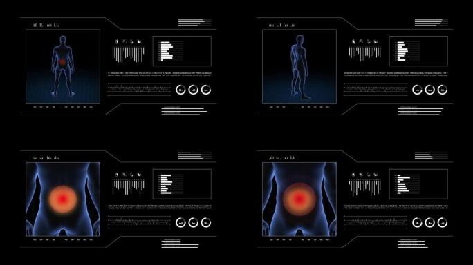 患有腰椎病变的人。男孩的3d身体。男性人体结构的旋转动画和特写。