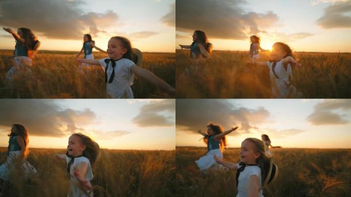 乡村快乐童年暑假小女孩在金色麦田上奔跑