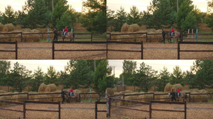 小马俱乐部的孩子们的马术课程，小男孩在围场骑马，职业教练女子