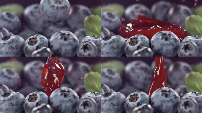 蓝莓在果汁中掉落，蓝莓之间飞溅。1000 fps的慢动作