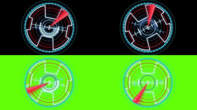 HUD圆形接口。圆形雷达扫描目标在黑色背景上的蓝色空间。