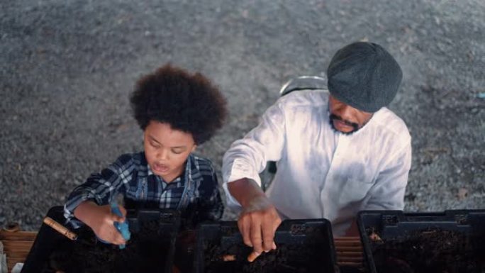 非洲男孩和他的父亲制造蚯蚓肥料。可持续的生活方式。