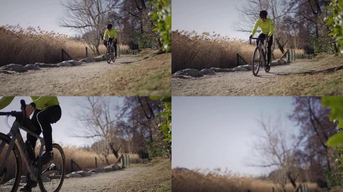 大自然中的砾石自行车骑行，公路自行车
