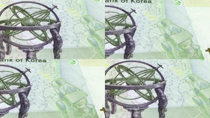 韩国，韩国10000张纸币，一万韩元，韩国近景和宏观视图，跟踪和拍摄10000张韩国纸币观察和储备面