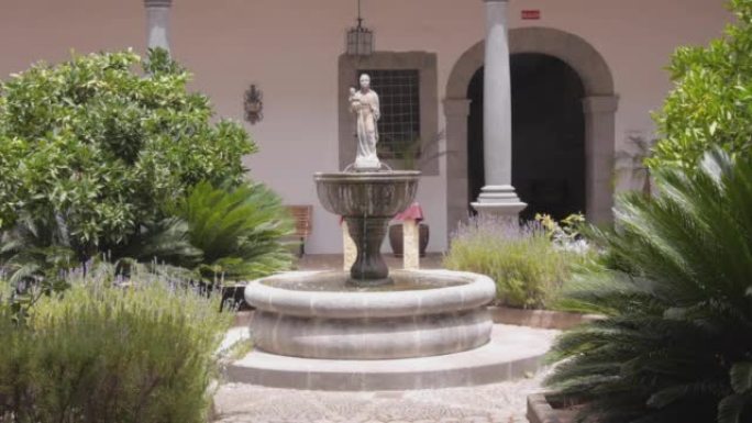 第一人称视角的小喷泉在一个郁郁葱葱的庭院