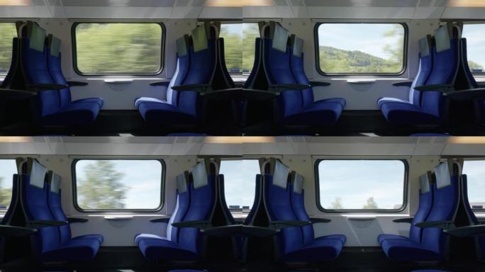 有空座位或长凳的移动火车。内部视图，将景观移出窗户，实时，没有人。瑞士SBB欧洲公共列车