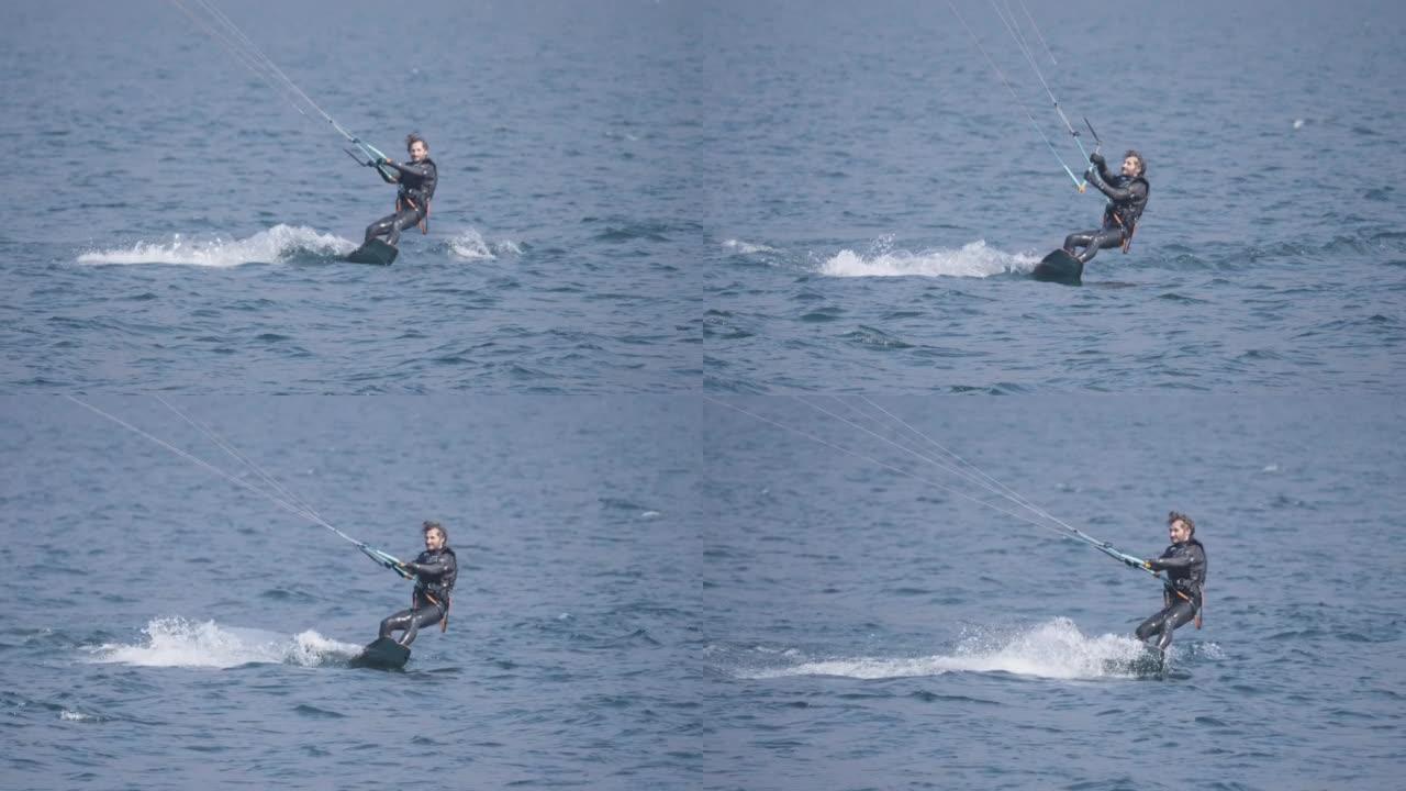 在一个大湖上拍摄风筝冲浪者之后