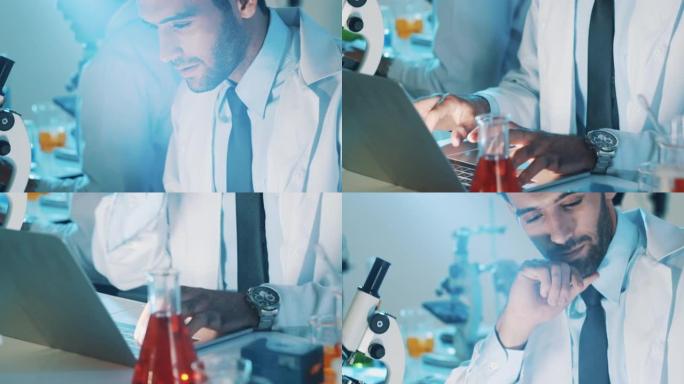 医学研究员和他的学生一起做化学实验。