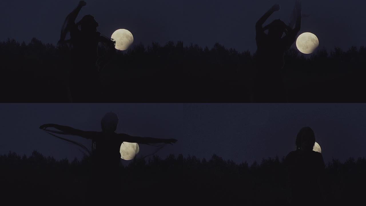 一个跳舞的女人在月光下的剪影。