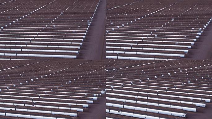 抛物线槽式太阳能发电厂的镜子线的空中拍摄
