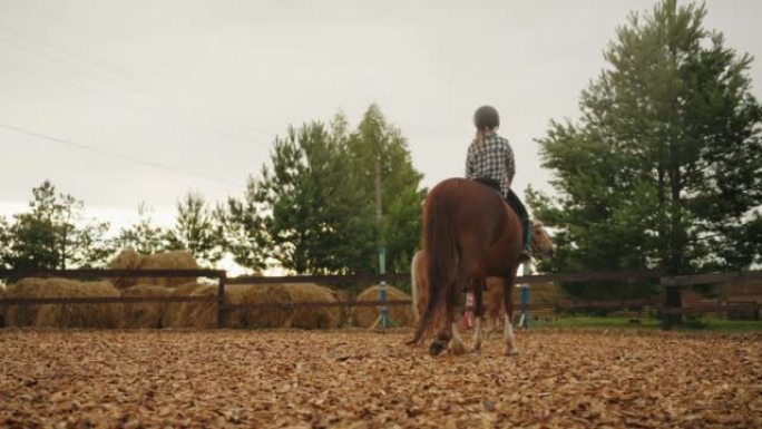 牧场上的儿童马术课，小女孩在围场骑小马，快乐的童年