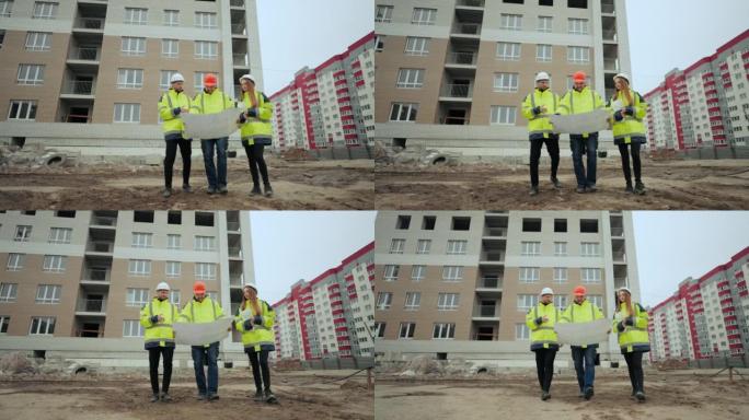 建筑工地新施工对象的建筑检查，两名男工头和女建筑师