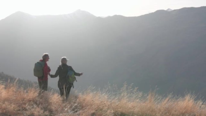 成熟的徒步旅行夫妇在山腰享受时光