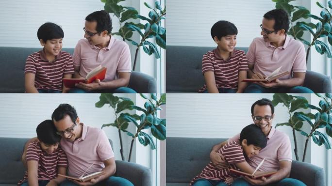 快乐的父亲和儿子一起做作业