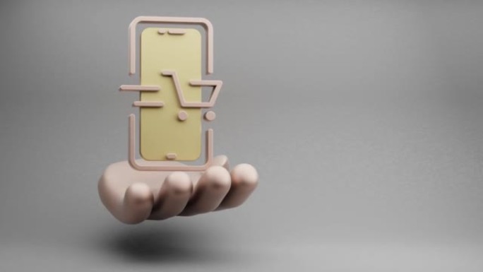 美丽的抽象插图金色手握智能手机网上购物符号图标在灰色背景。3d渲染插图。网上购物。循环视频。