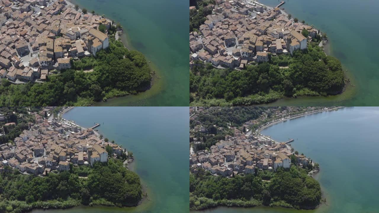 意大利罗马郊外的湖泊和中世纪村庄的空中无人机视图