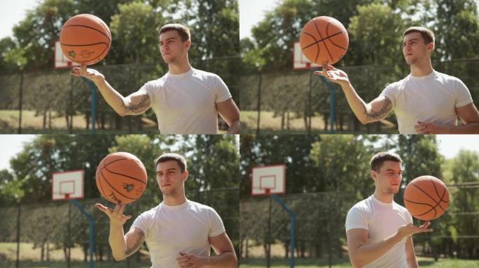 穿白衬衫的男人在手指上旋转篮球。炫耀传统技巧