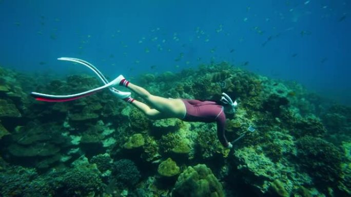 女潜水员在水下拍摄美丽风景