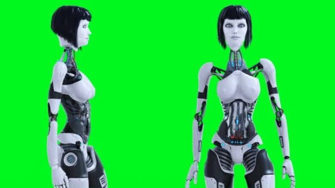 女性性感机器人保持空闲。绿屏隔离4k镜头。