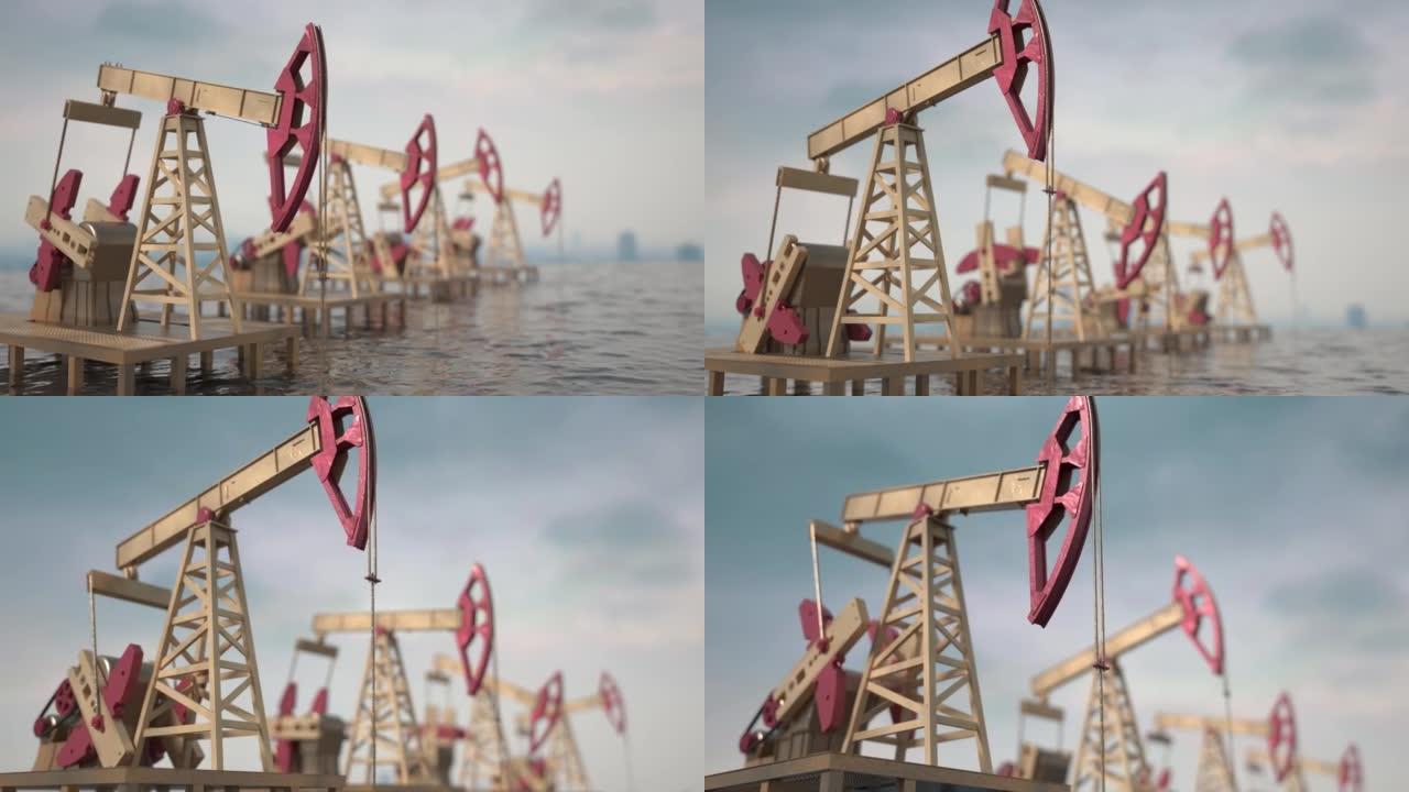 黄金油泵在石油海洋中泵送。逼真的3d模型。极简主义。石油公司超额利润的概念