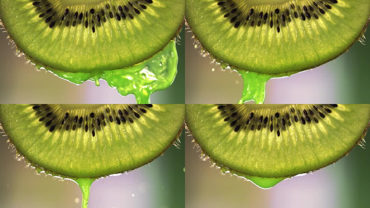 以1000fps的速度从猕猴桃切片中流出果汁的超慢动作微距拍摄。