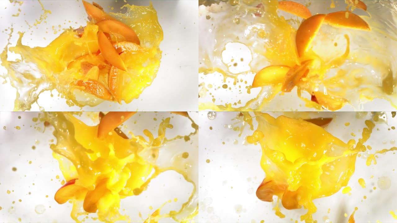 爆炸芒果片和爆裂果汁的慢动作