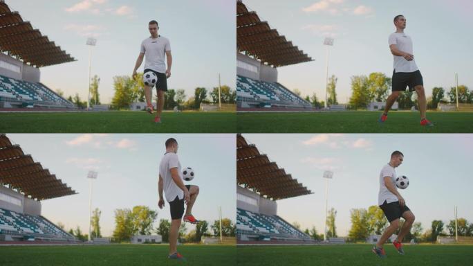 在阳光明媚的夏日，在户外运动场上，职业足球联盟的男性在腿上用慢动作倾斜