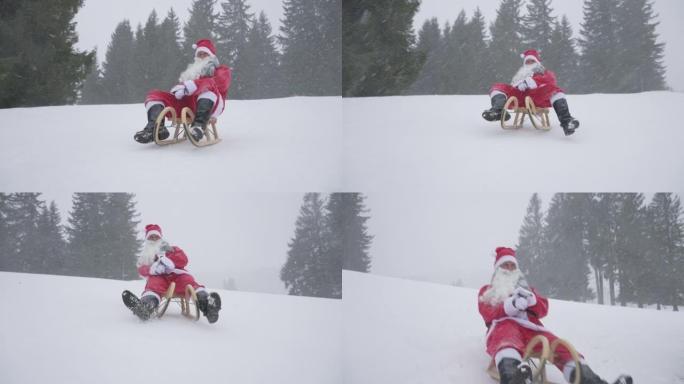男人打扮成圣诞老人在森林里骑着雪橇