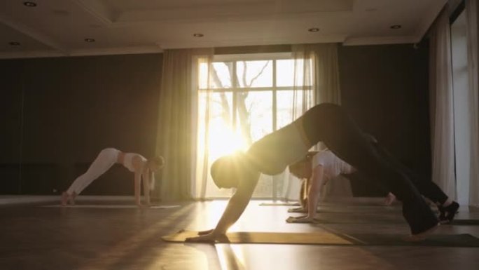 一群妇女在教练的严格指导下练习瑜伽，在日出时慢动作和阳光照射。