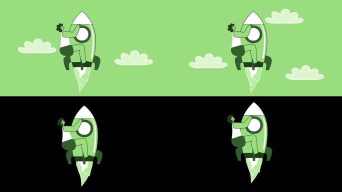 绿色风格的女人扁平角色在火箭上飞起来。带有Alpha通道的孤立循环动画