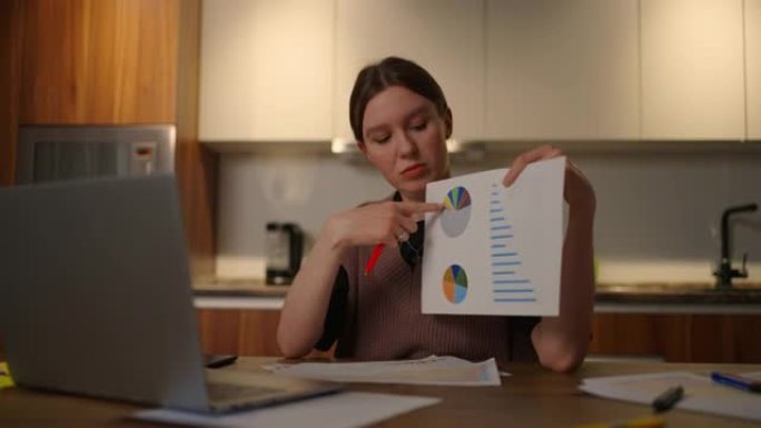 家庭办公室一名年轻女子坐在家中厨房里，用笔记本电脑摄像头拍摄一幅图表。视频电话和会议演示文件和时间表