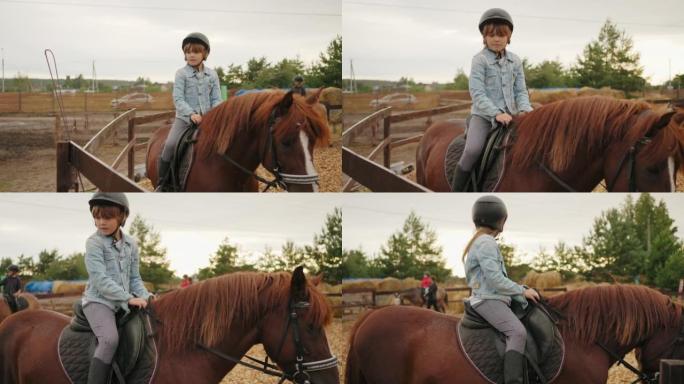 小女孩在儿童马术中心骑小马，为儿童体育运动课程