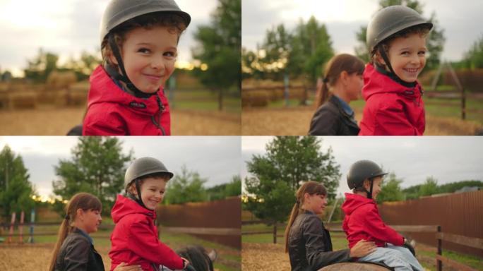 小马背上快乐可爱的蹒跚学步的孩子，围场马术课上快乐的小男孩骑小马的肖像