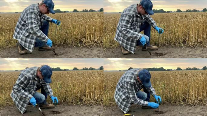 农民使用土壤测试仪测量土壤pH值、湿度、温度