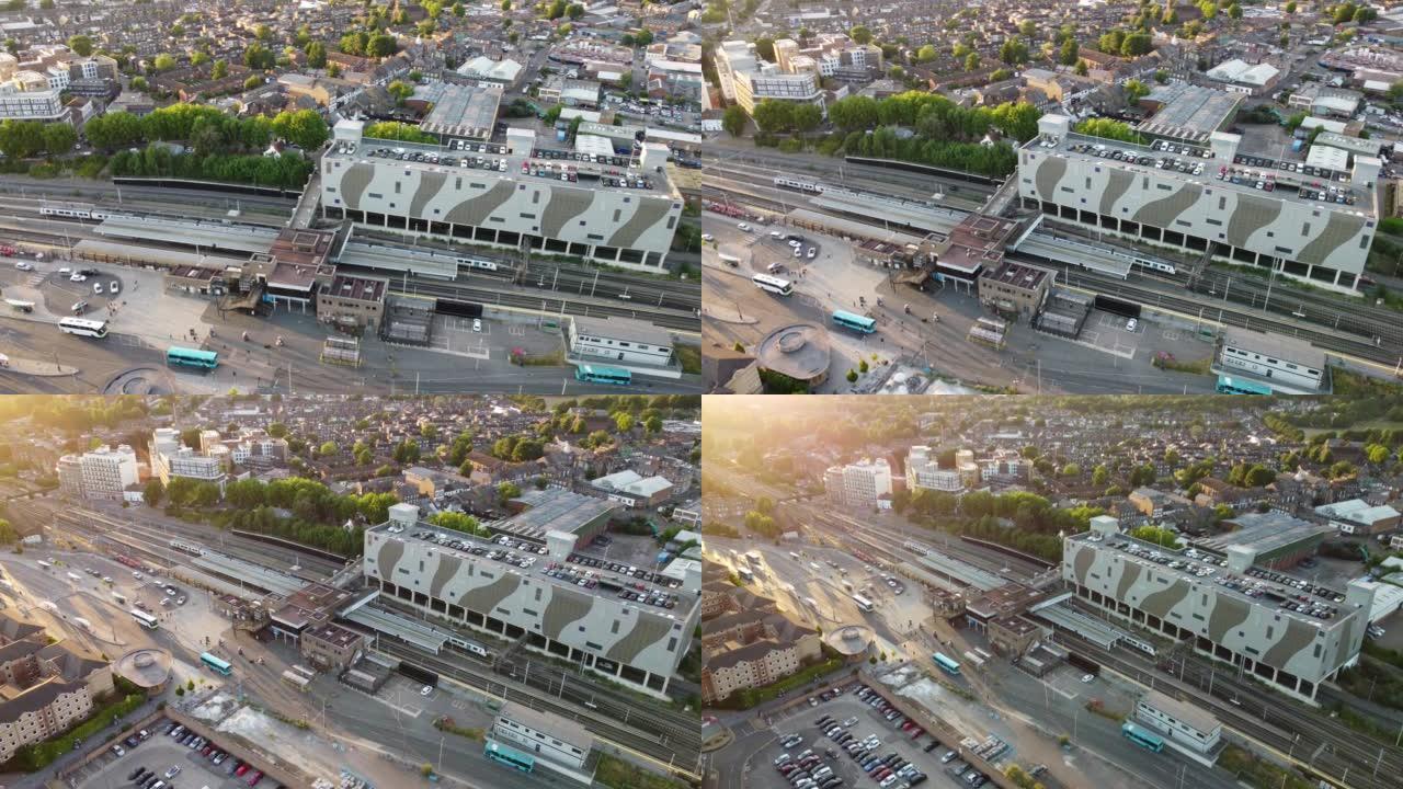卢顿火车站中心的高角度镜头和英国市中心的鸟瞰图
