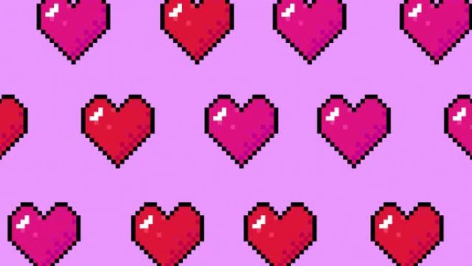 像素艺术心形图案，复古风格循环动画。8位电脑视频游戏，爱情符号，跳动的心脏动画2d素材。圣情人节概念