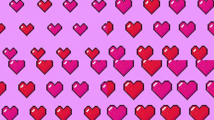 像素艺术心形图案，复古风格循环动画。8位电脑视频游戏，爱情符号，跳动的心脏动画2d素材。圣情人节概念
